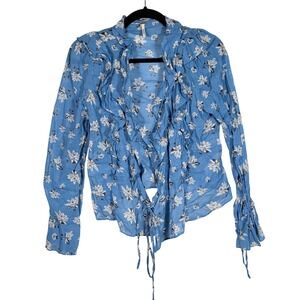 Free People Blue Floral Ruffle Tie Front Top Small Sheer Fairy Cottagecore y2k